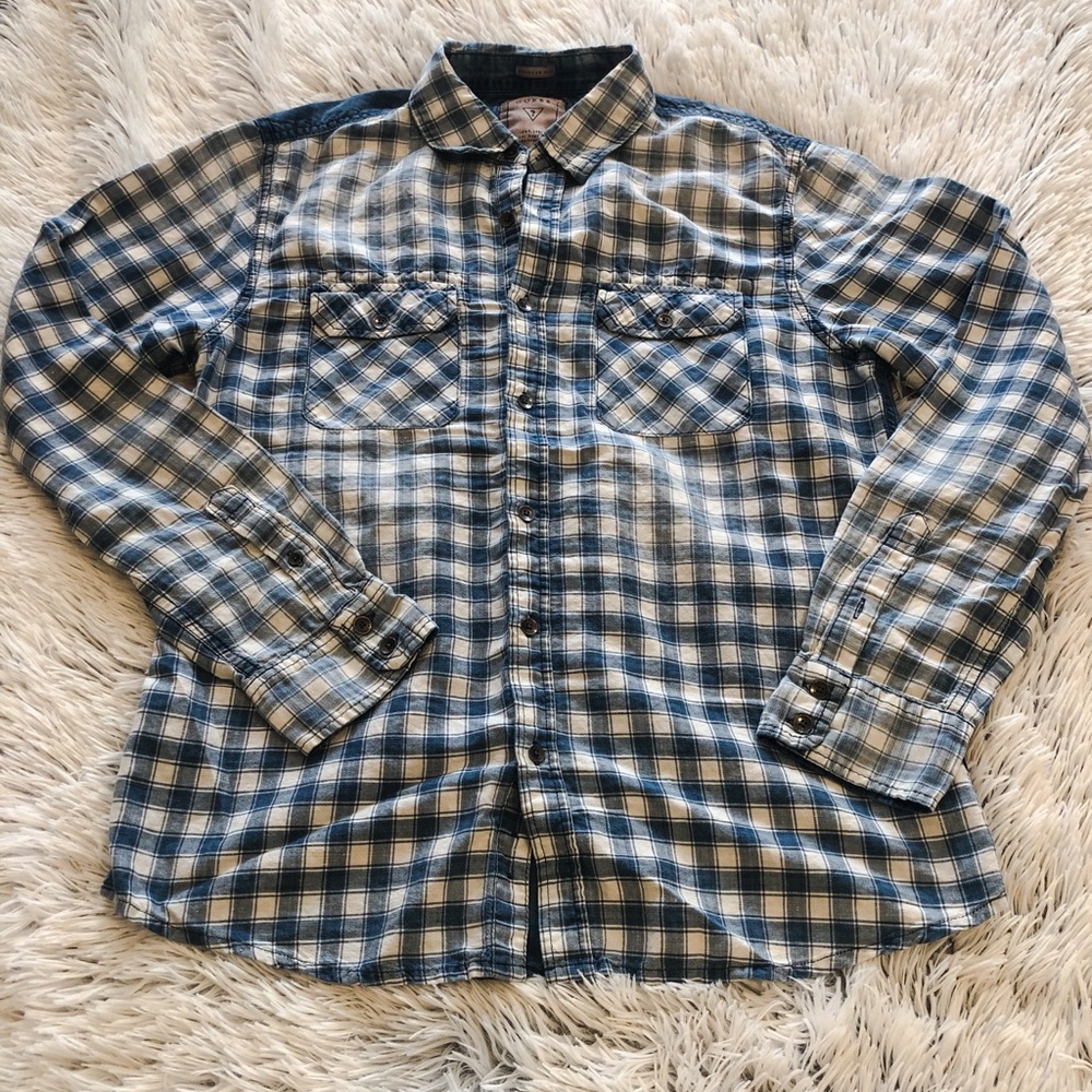 Guess Blue and White Plaid Patchwork Long Sleeve Button Down